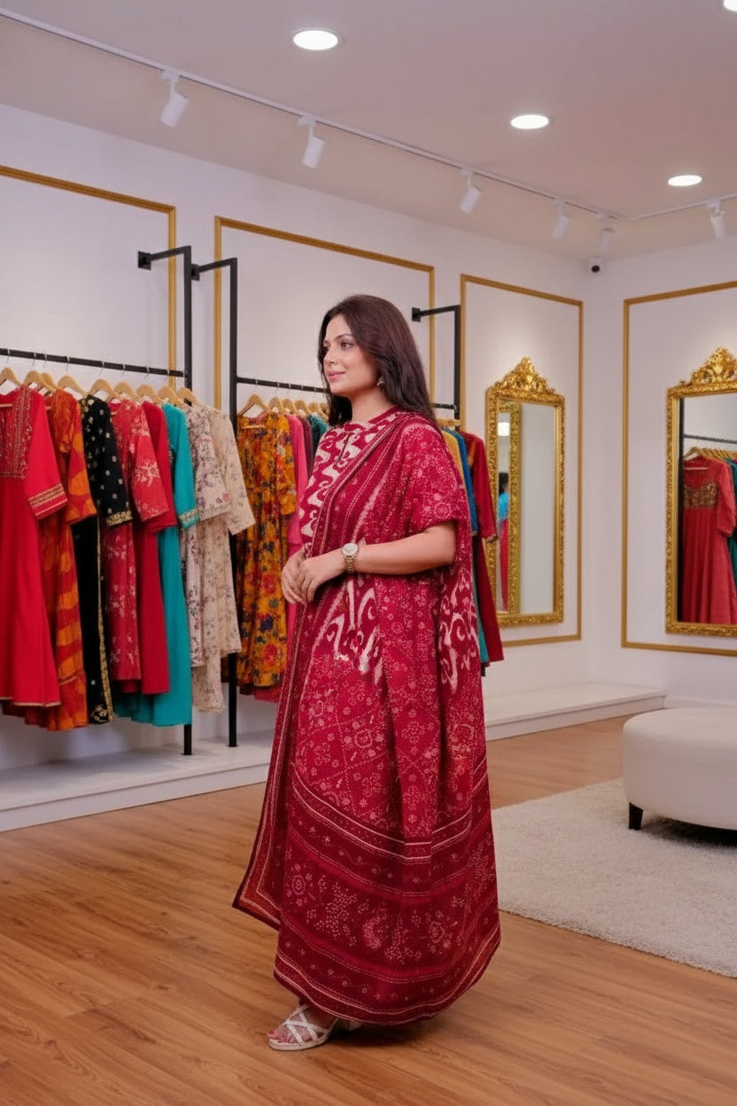 Maroon Ikat Print Sleeveless Kurta Set with Bandhani Dupatta