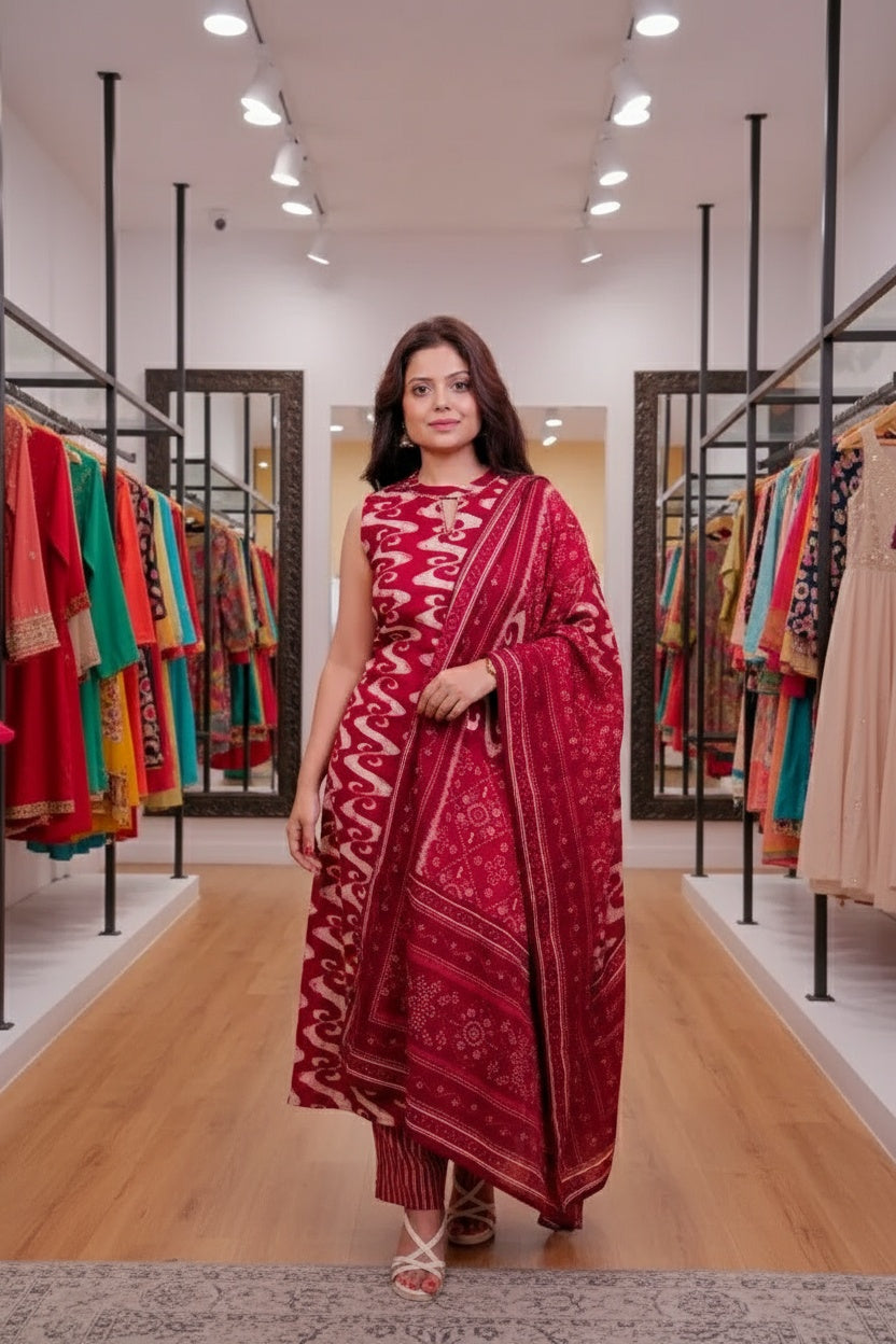 Maroon Ikat Print Sleeveless Kurta Set with Bandhani Dupatta