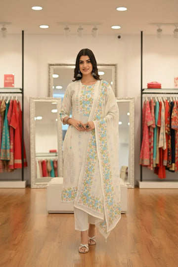 Soft Off White Floral Embroidered Three-Piece Suit Set