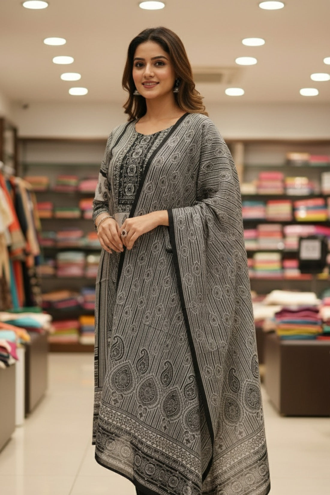 Monochrome Black & Grey Printed Suit Set with Dupatta