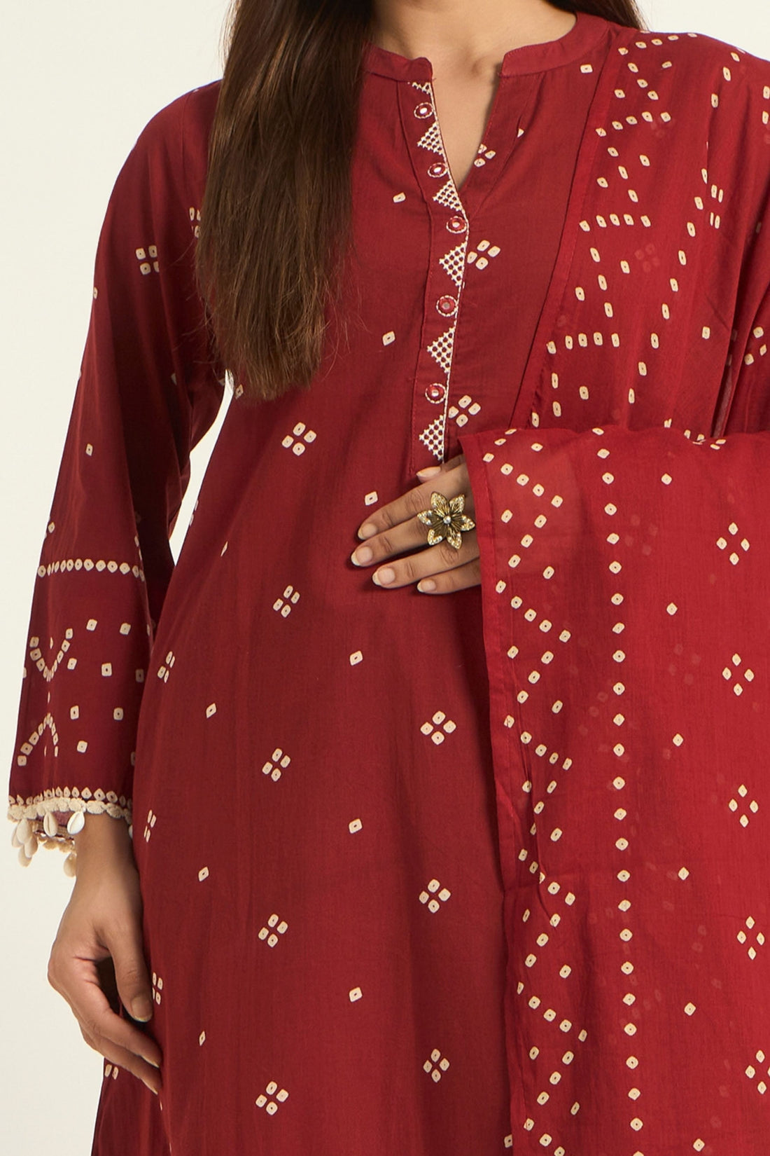 Chery Red with Cotton fabric & White Bandhani Printed Pure Cotton Straight Kurta set with bottom dupatta