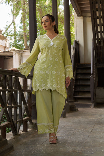 Women's Pista Green Floral Embroidered Kurta with Palazzos Co-Ord Set