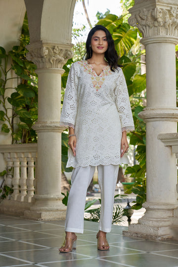 Women's Cream Schiffli Embroidered Kurta with Trousers Co-Ord Set