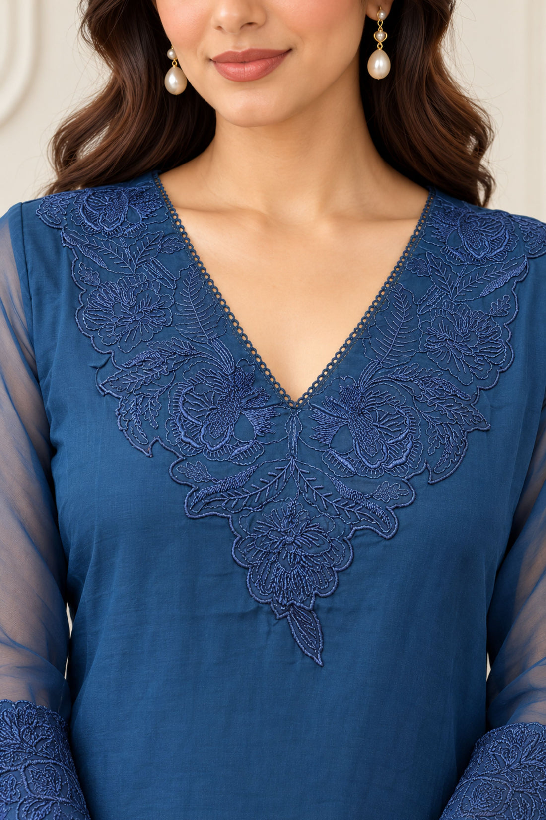 Navy Blue Georgette Fabric Floral Embroidered V-Neck Kurta with Palazzos & Dupatta