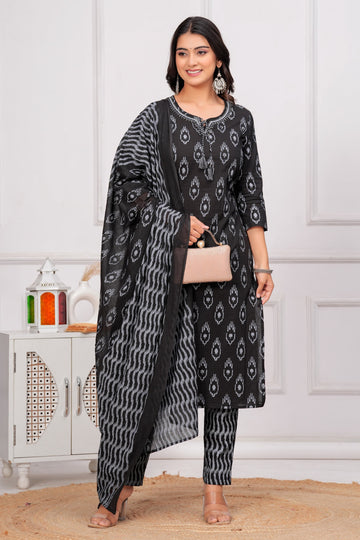 Classic Black & Grey Ikat Cotton Kurta Pant Dupatta Set
