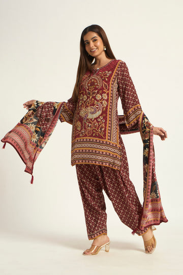 Maroon Printed Crepe set with Mirror Work Straight Kurta with Bottom Dupatta