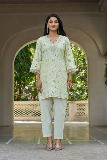Women's PISTA GREEN Schiffli Embroidered Kurta with Trousers Co-Ord Set
