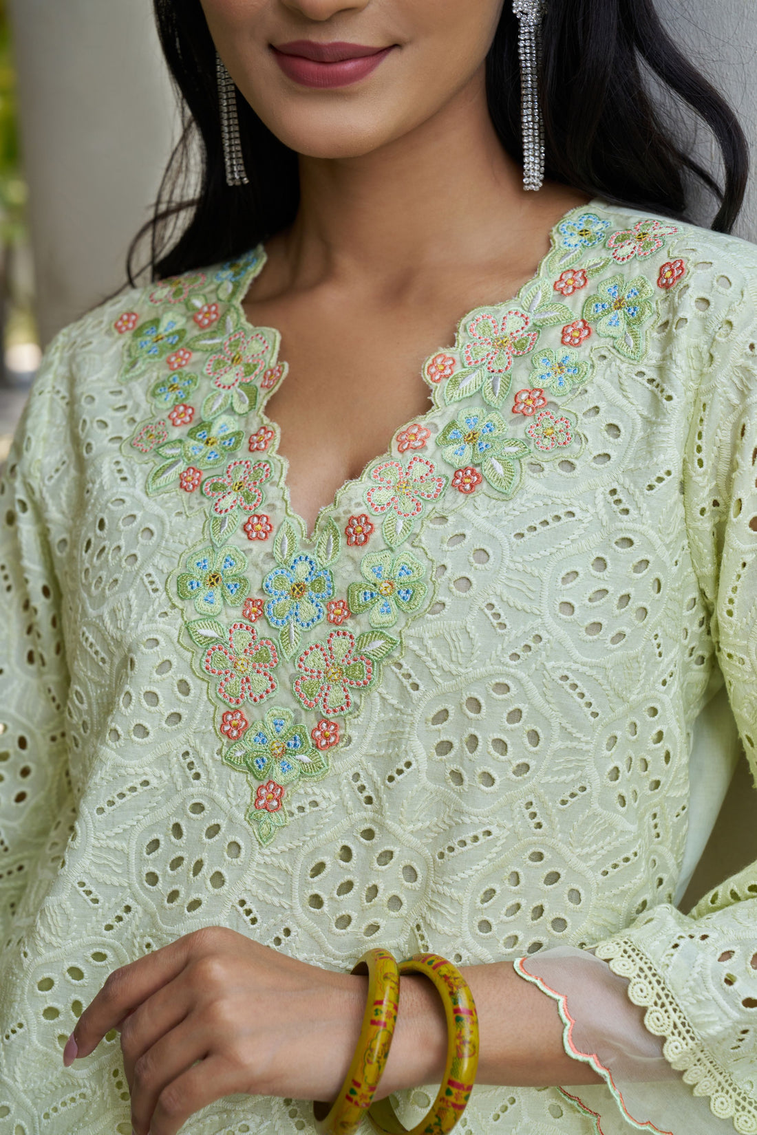 Women's PISTA GREEN Schiffli Embroidered Kurta with Trousers Co-Ord Set