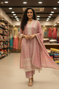 Pastel peach embroidered cotton suit set with dupatta, featuring delicate floral embroidery on the kurta and matching
