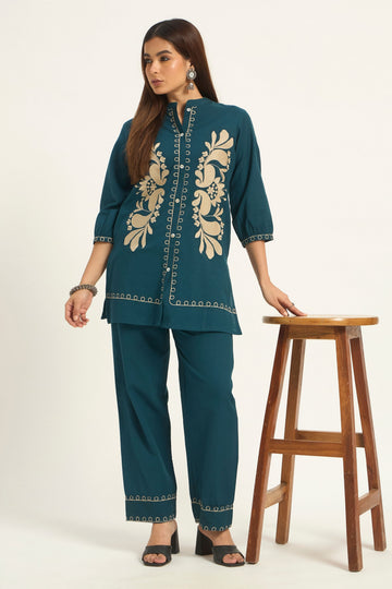 Teal Blue Cotton Floral Embroidered Pure Cotton Co-ord Set