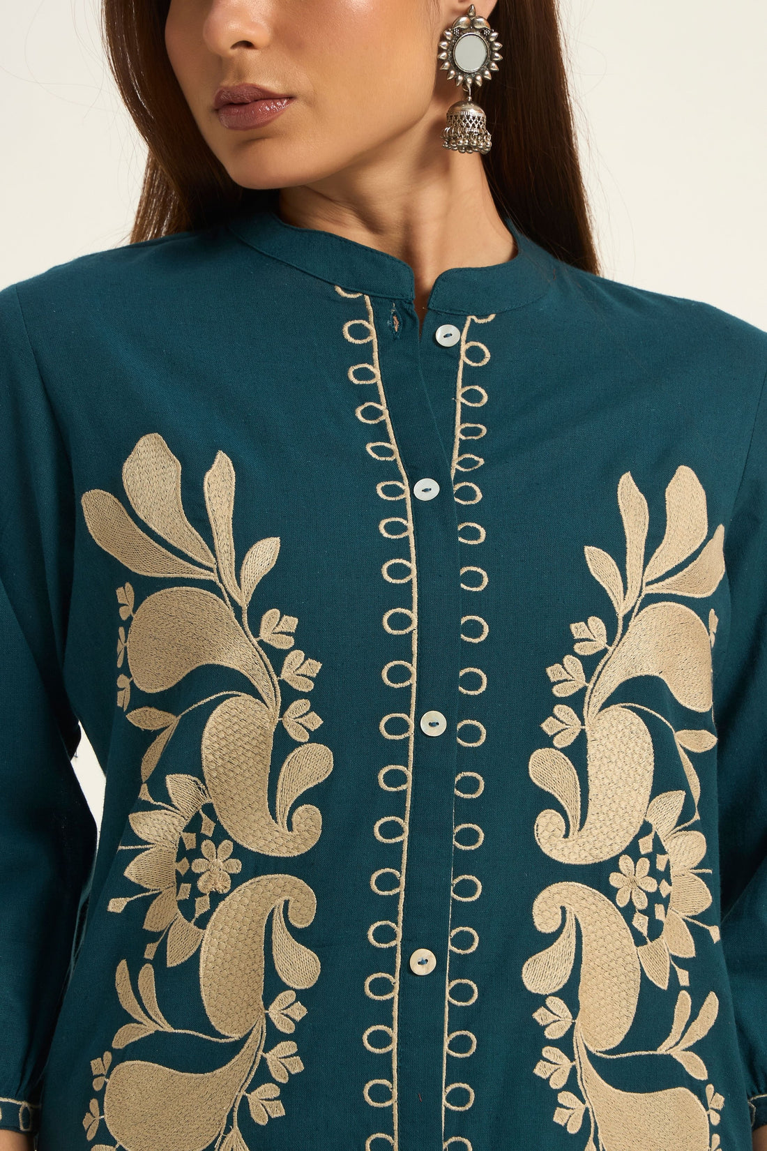 Teal Blue Cotton Floral Embroidered Pure Cotton Co-ord Set