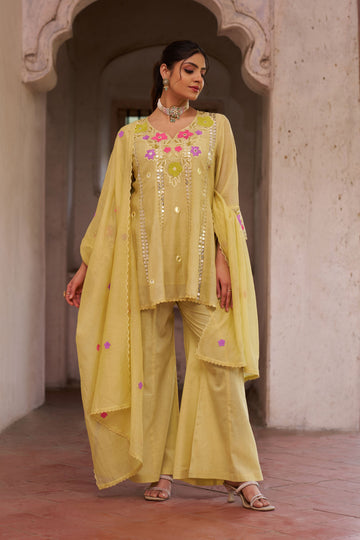 Women's L GREEN Floral Embroidered Kurta with Palazzo & Dupatta Set