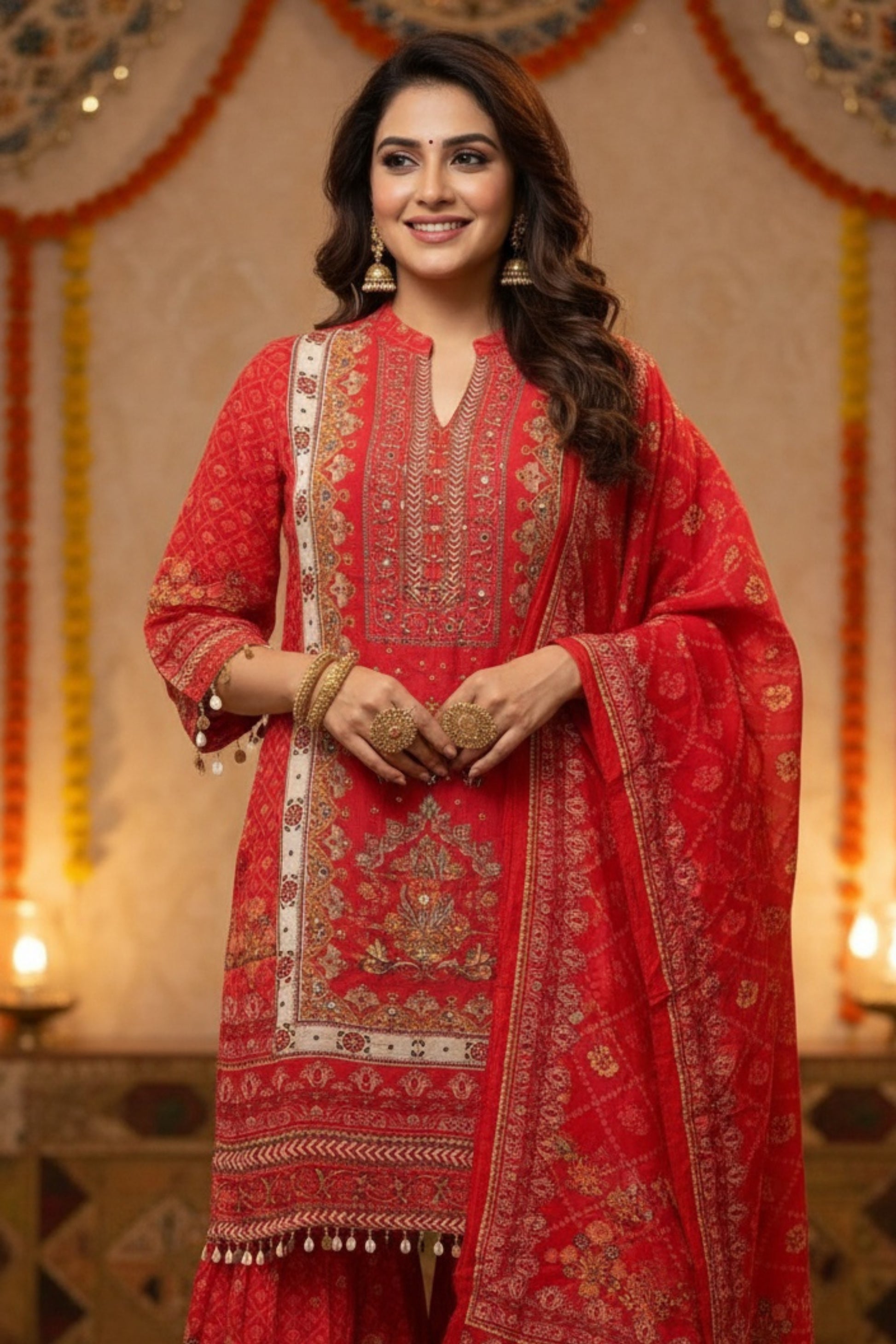 Elegant Scarlet Red Ethnic Suit Set with Sharara & Dupatta. A woman models the outfit.