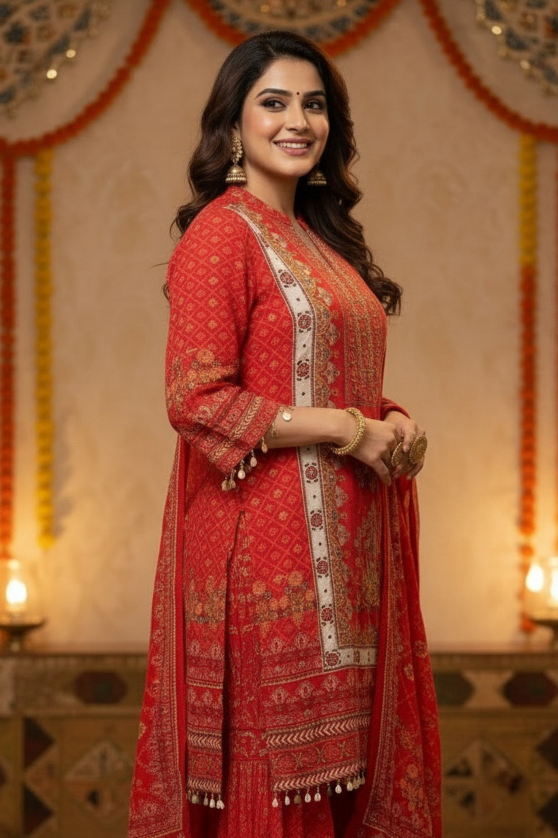 Elegant Scarlet Red Ethnic Suit Set with Sharara & Dupatta