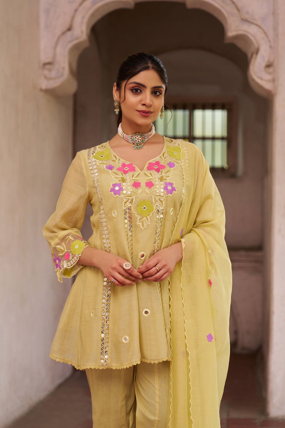 Women's L GREEN Floral Embroidered Kurta with Palazzo & Dupatta Set