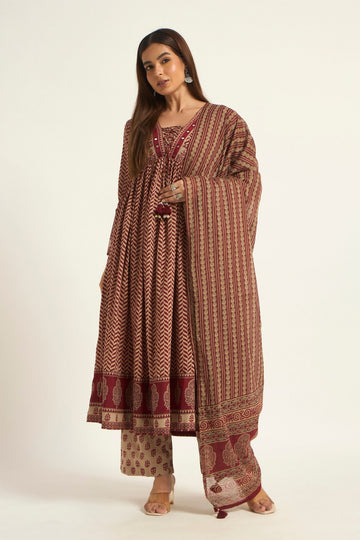 Maroon color with cotton fabric  Geometric Printed V-Neck Anarkali Kurta with Straight Pant With Dupatta