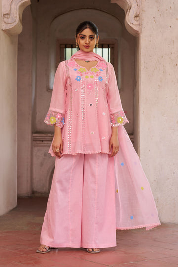 Women's PINK Floral Embroidered Kurta with Palazzo & Dupatta Set