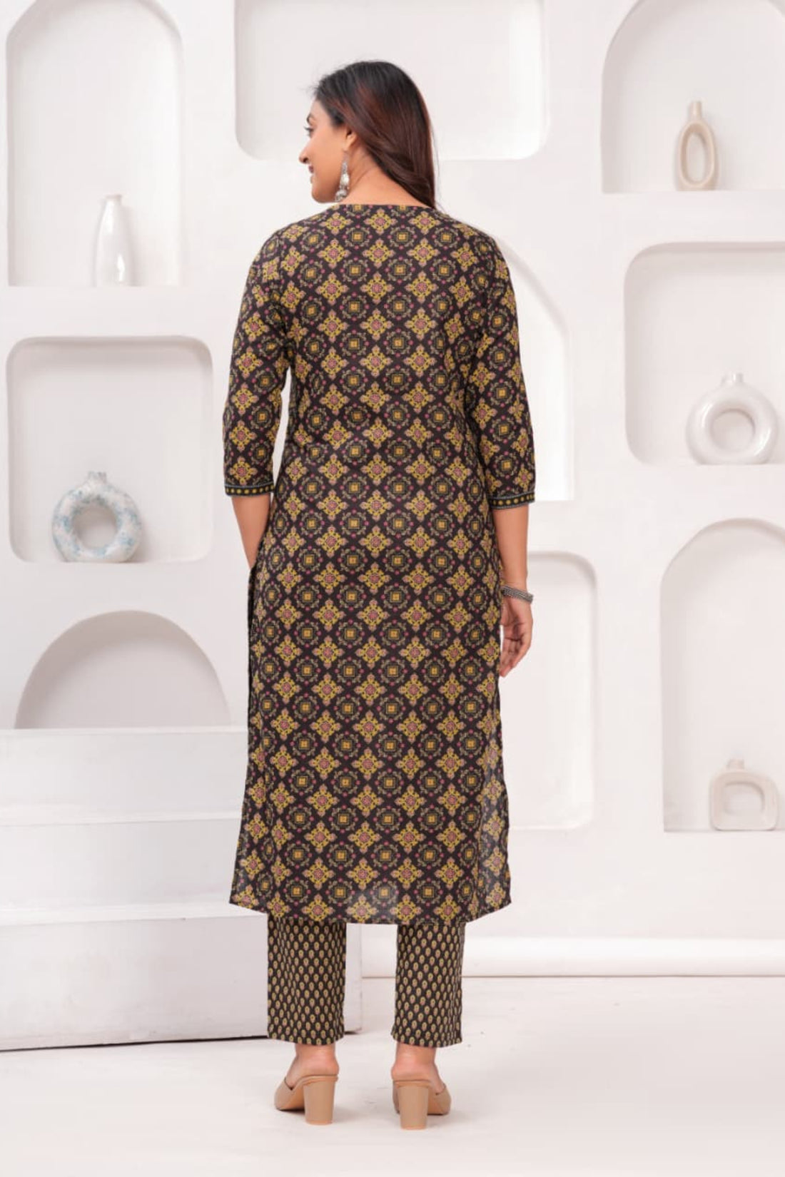 Black & Mustard Printed Kurta Set with Printed Border Dupatta