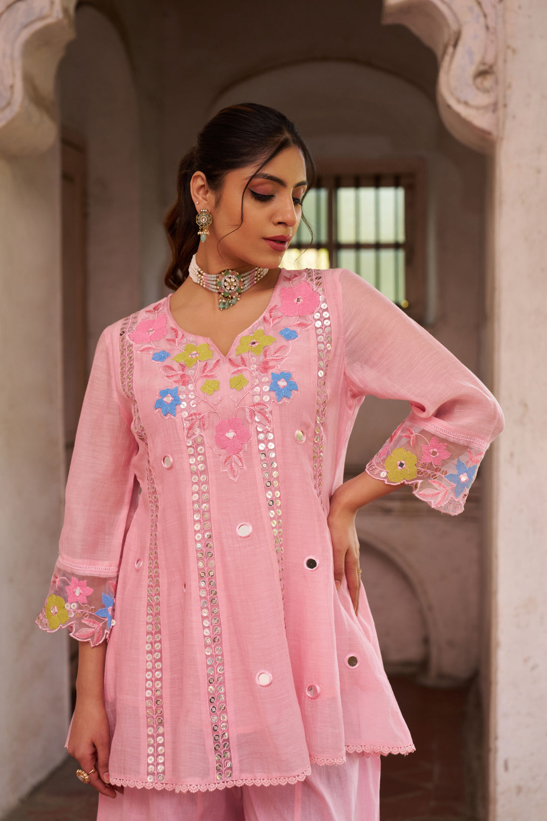 Women's PINK Floral Embroidered Kurta with Palazzo & Dupatta Set