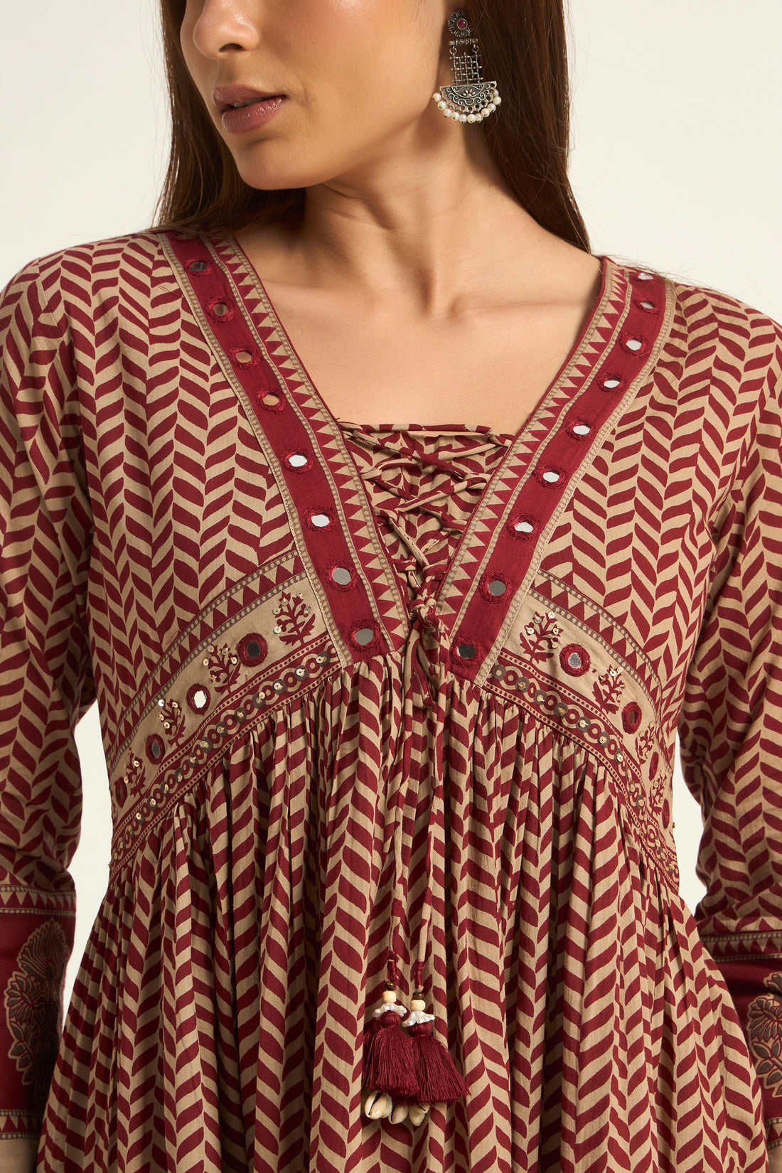 Maroon color with cotton fabric  Geometric Printed V-Neck Anarkali Kurta with Straight Pant With Dupatta