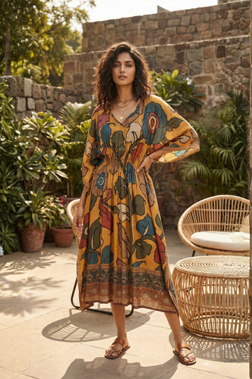 Mustard Floral Printed Kaftan Dress