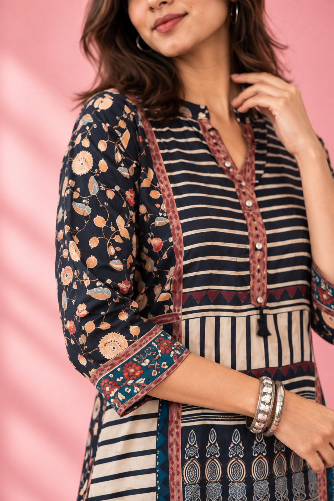 Black & Cream Crepe Ethnic Fusion Printed Straight Kurta