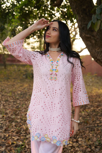 Women's Pink Schiffli Embroidered Kurta with Palazzo Co-ord Set
