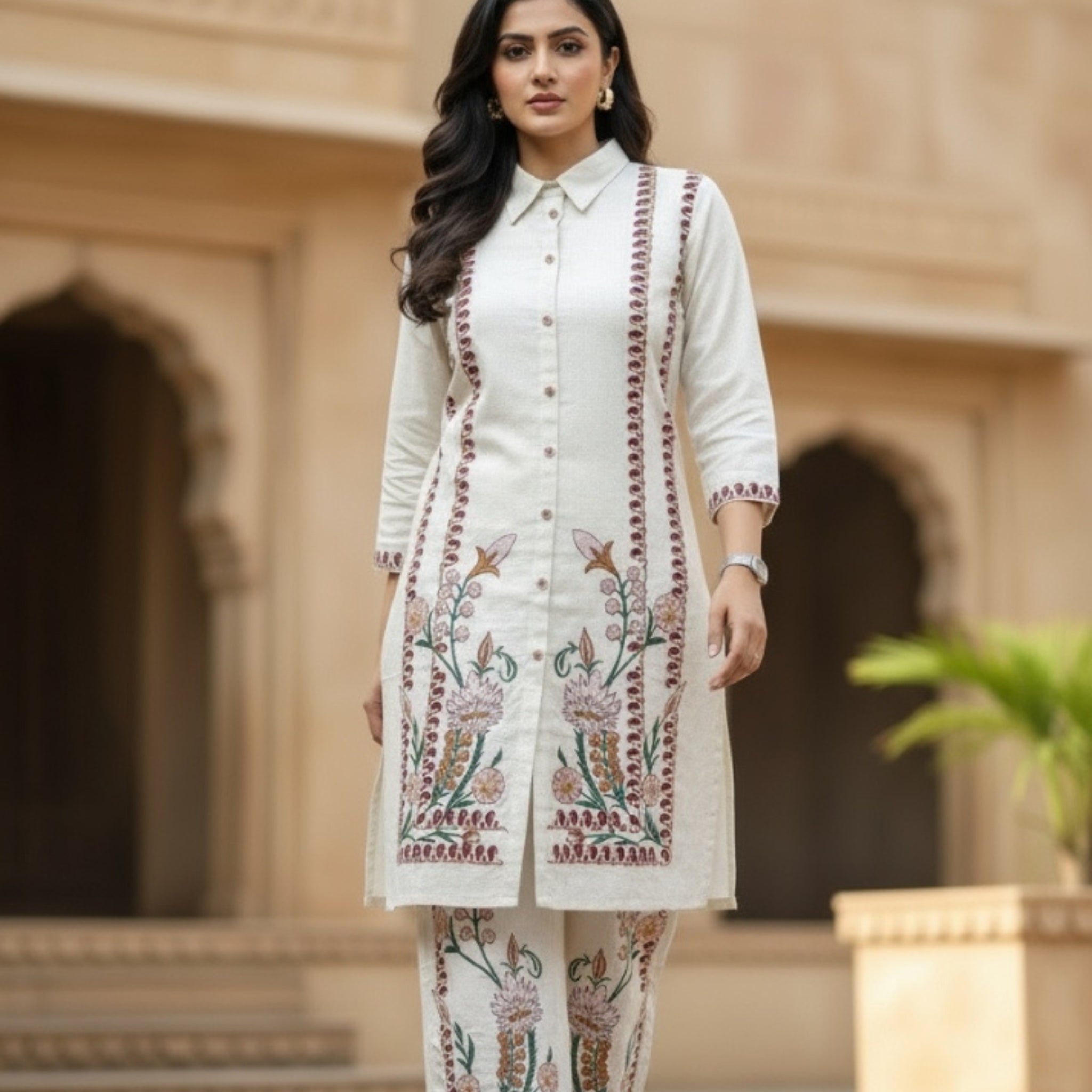 Floral Embroidery Khadi Cotton Co-ord Set