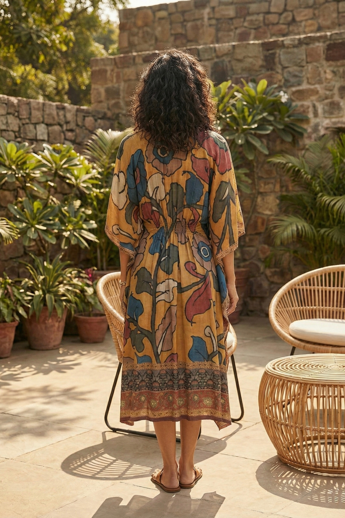 Mustard Floral Printed Kaftan Dress