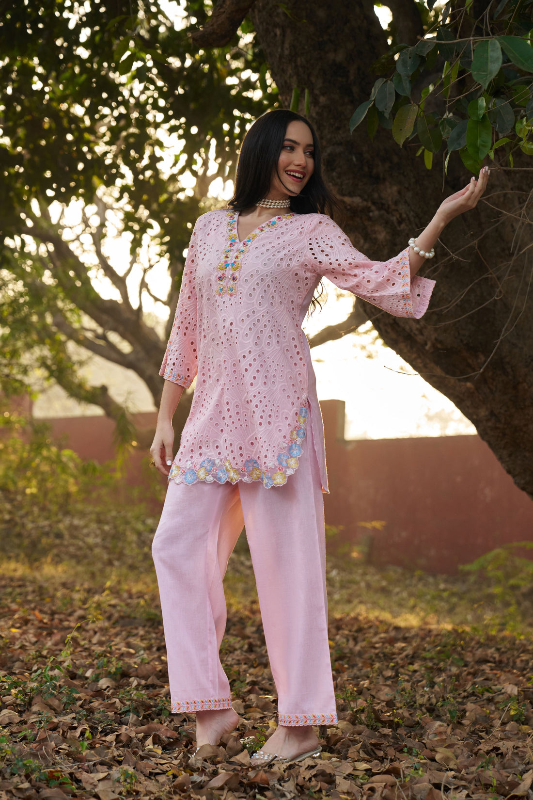 Women's Pink Schiffli Embroidered Kurta with Palazzo Co-ord Set