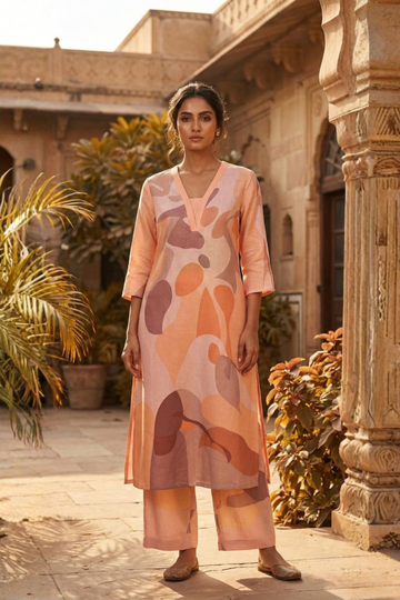 Peach Abstract Printed Kurta Set