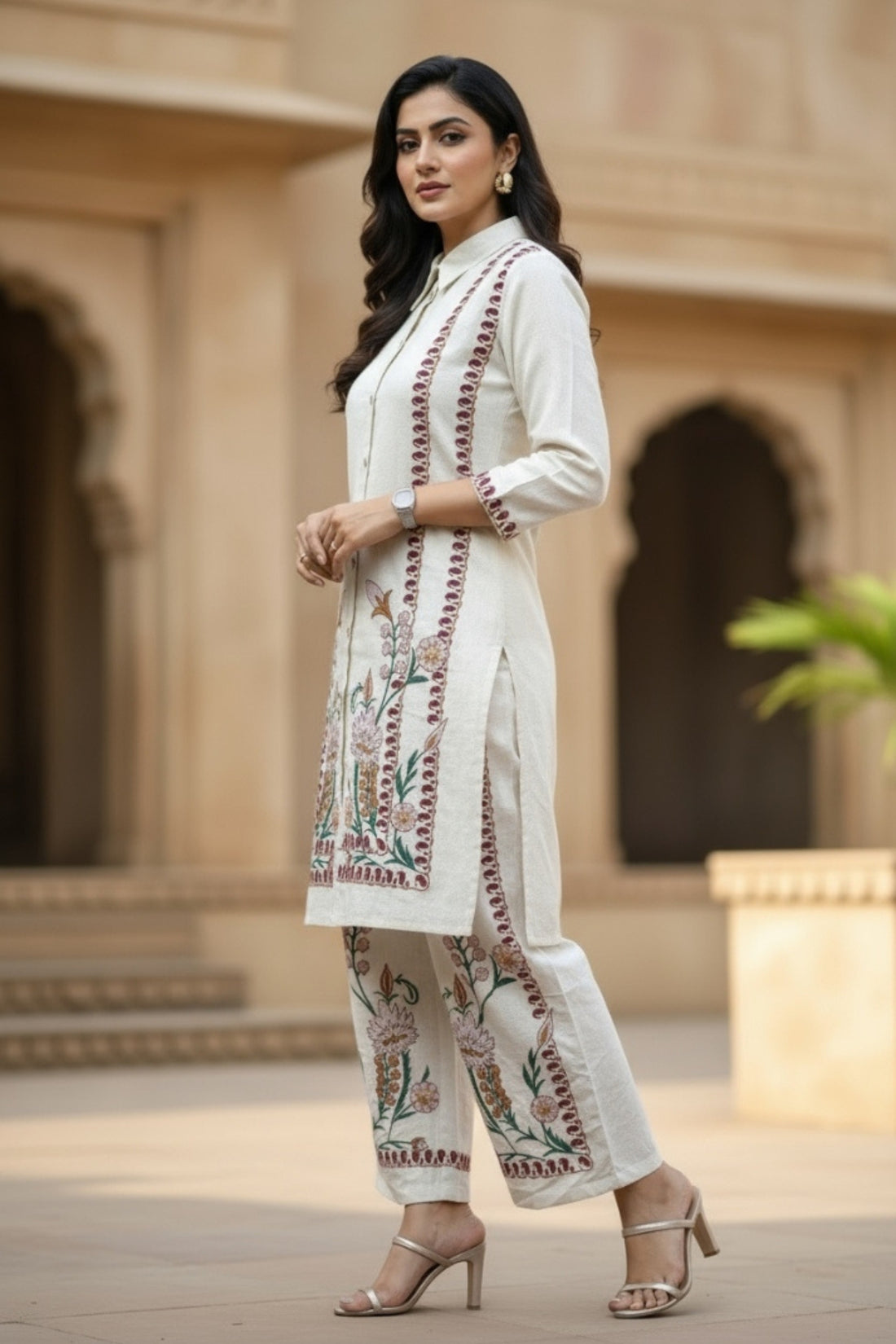 Floral Embroidery Khadi Cotton Co-ord Set