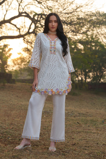 Women's Sky Blue Schiffli Embroidered Kurta with Palazzo Co-ord Set