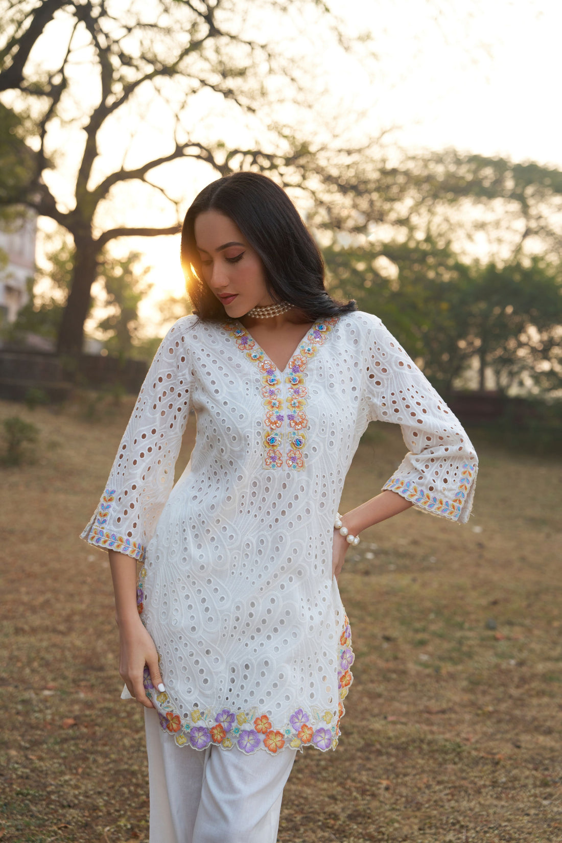Women's Sky Blue Schiffli Embroidered Kurta with Palazzo Co-ord Set