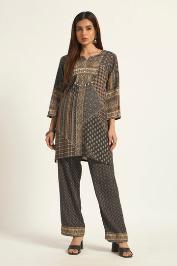 Black Ethnic Motifs Printed Crepe Kurta with Trousers