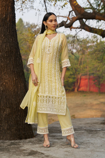 Women's White Lemon Embroidered Kurta with Straight Pants & Dupatta Set