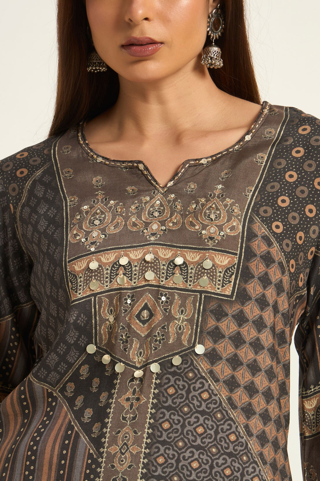 Black Ethnic Motifs Printed Crepe Kurta with Trousers