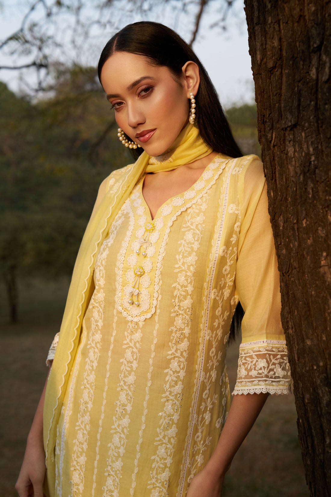 Women's White Lemon Embroidered Kurta with Straight Pants & Dupatta Set