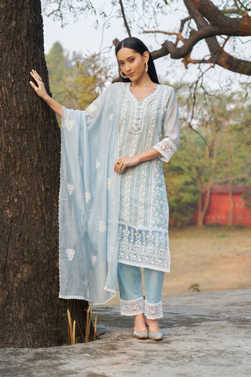 Women's Sky Blue Embroidered Kurta with Straight Pants & Dupatta Set