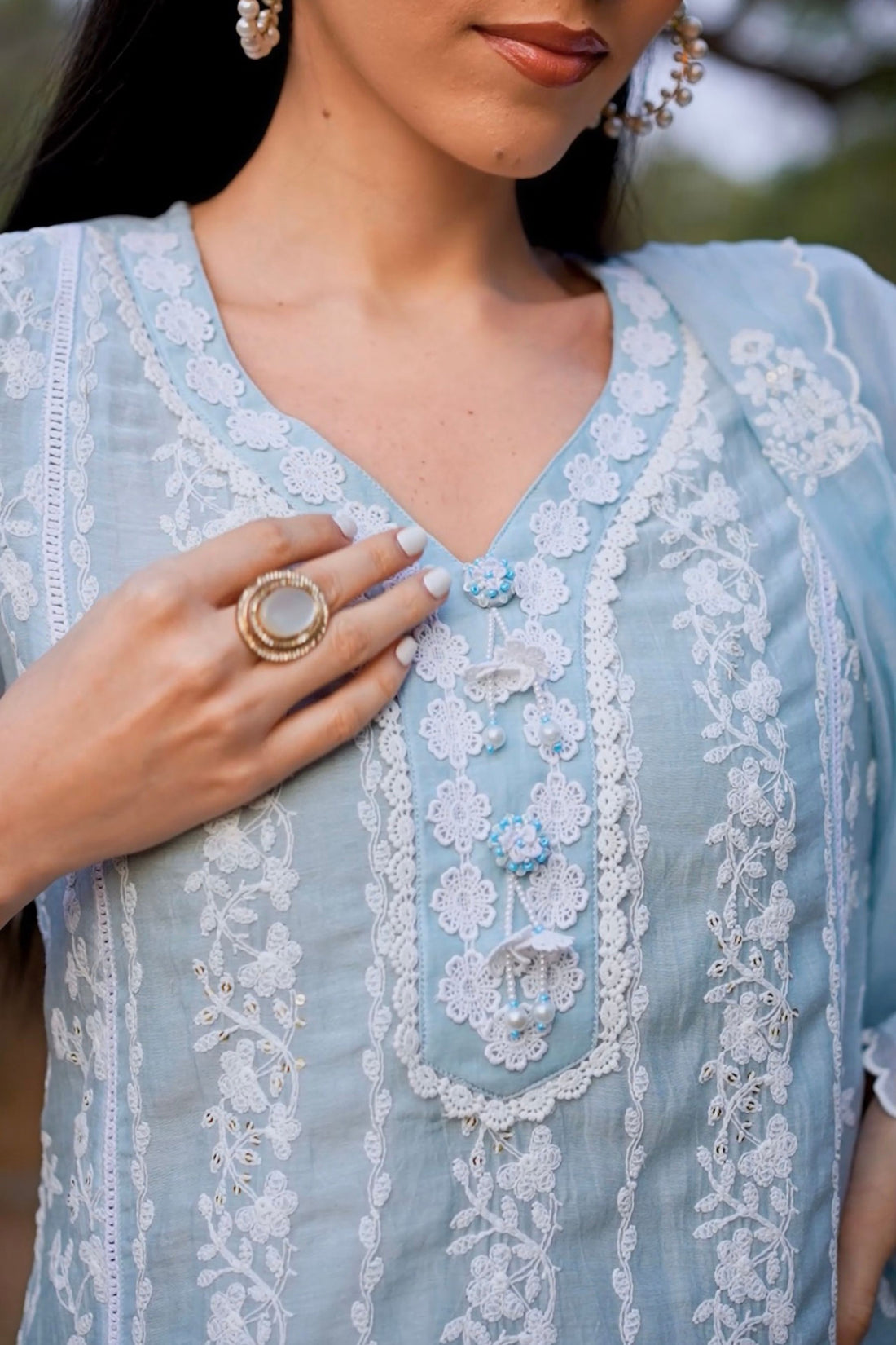 Women's Sky Blue Embroidered Kurta with Straight Pants & Dupatta Set