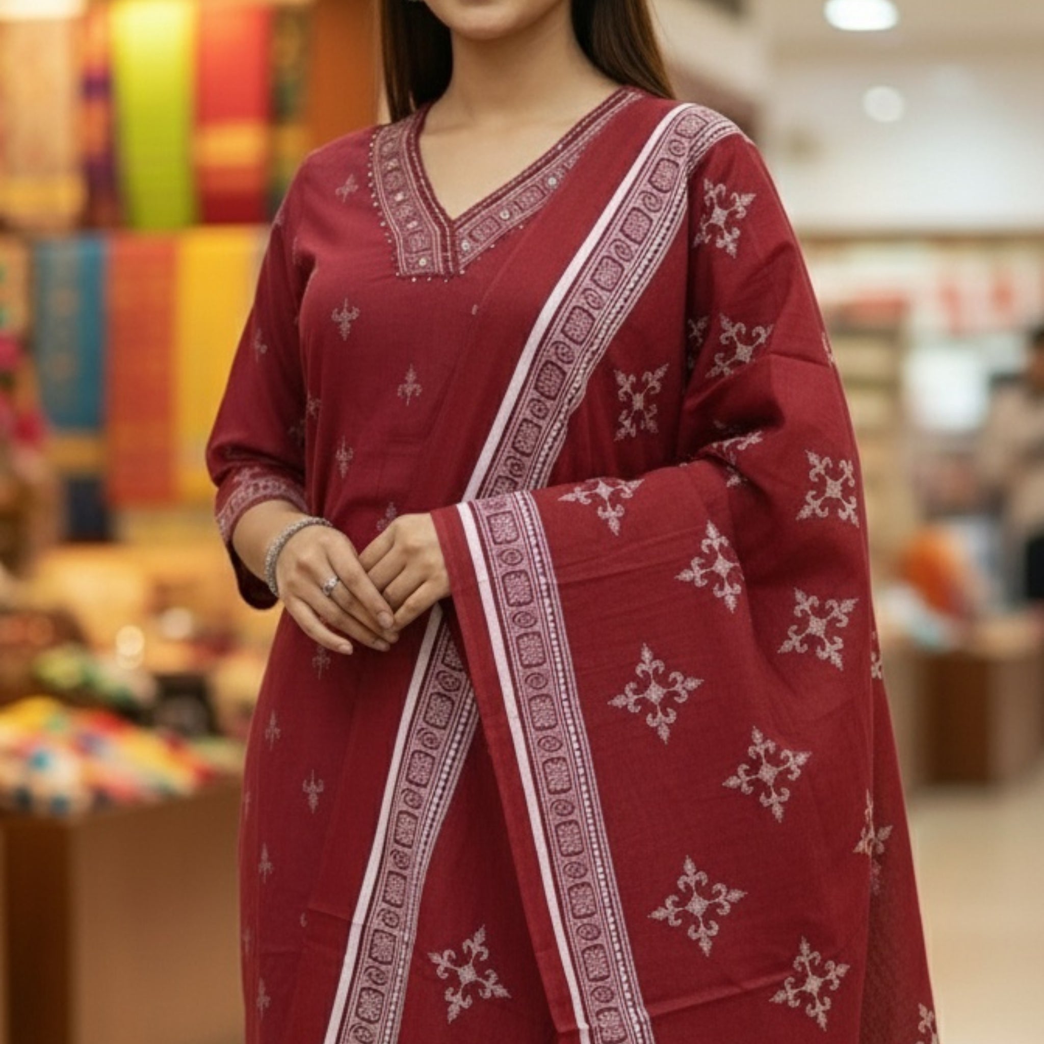 Vintage-Inspired Maroon Kurta Dupatta Set with Minimal Motifs