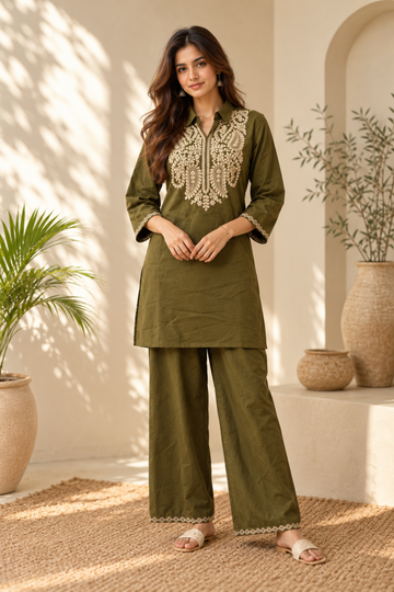 Green with cotton flex fabric Ethnic Motifs Embroidered Shirt Collar Kurti with Palazzos
