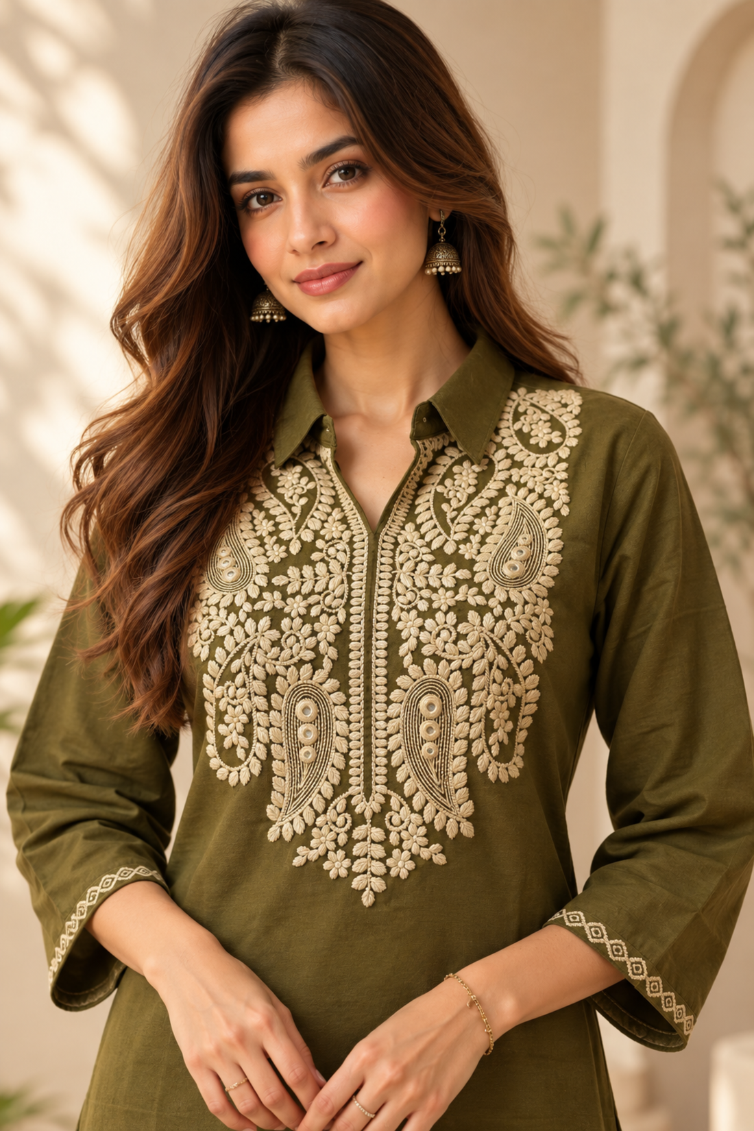 Green with cotton flex fabric Ethnic Motifs Embroidered Shirt Collar Kurti with Palazzos