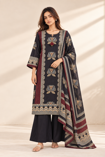 Black with cotton fabric & Maroon Ethnic Motifs Printed Round Neck Kurta with Palazzos & Dupatta