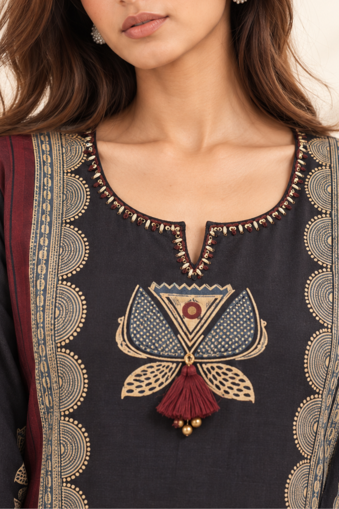 Black with cotton fabric & Maroon Ethnic Motifs Printed Round Neck Kurta with Palazzos & Dupatta