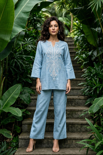 Women's Ice Blue Embroidered Co ords set