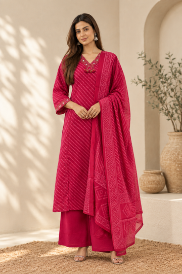 Pink Leheriya with cotton fabric Printed Mirror Work Straight Kurta with Palazzos & Dupatta