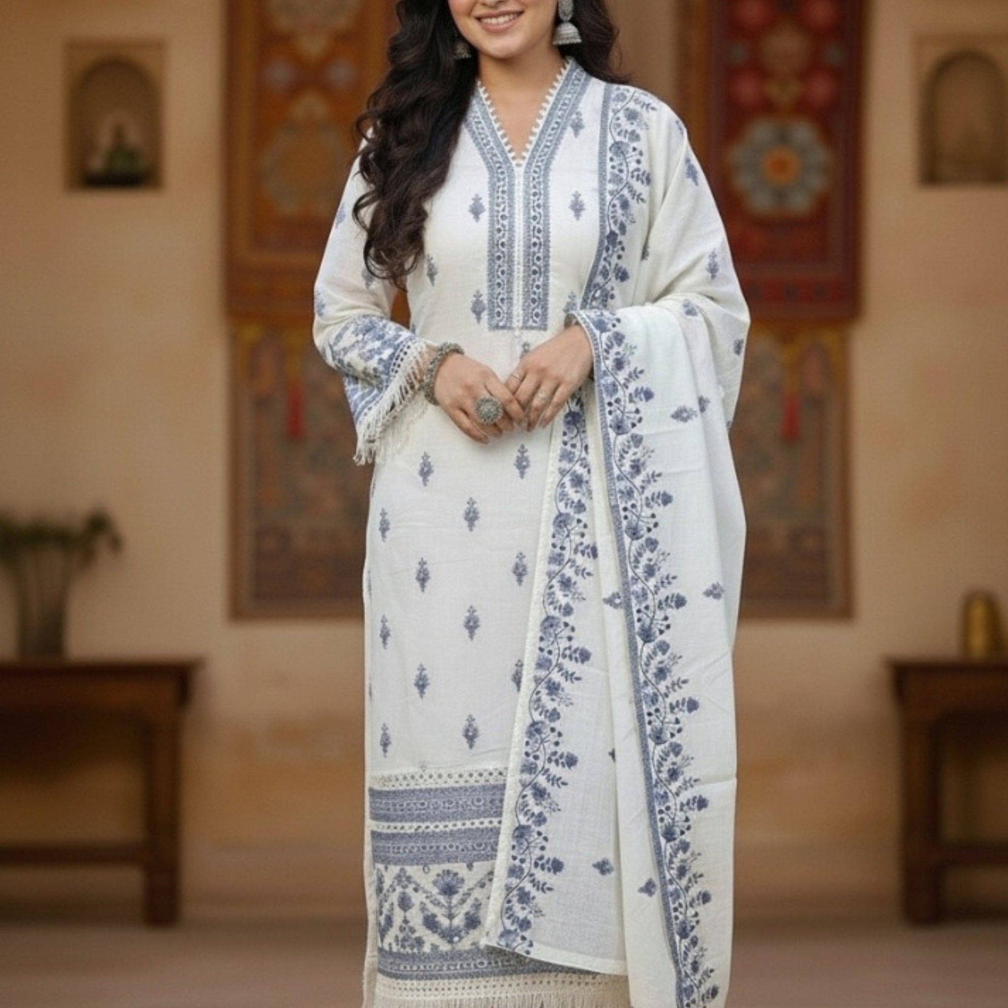 Elegant Off-White & Blue Embroidered Cotton Suit Set with Dupatta