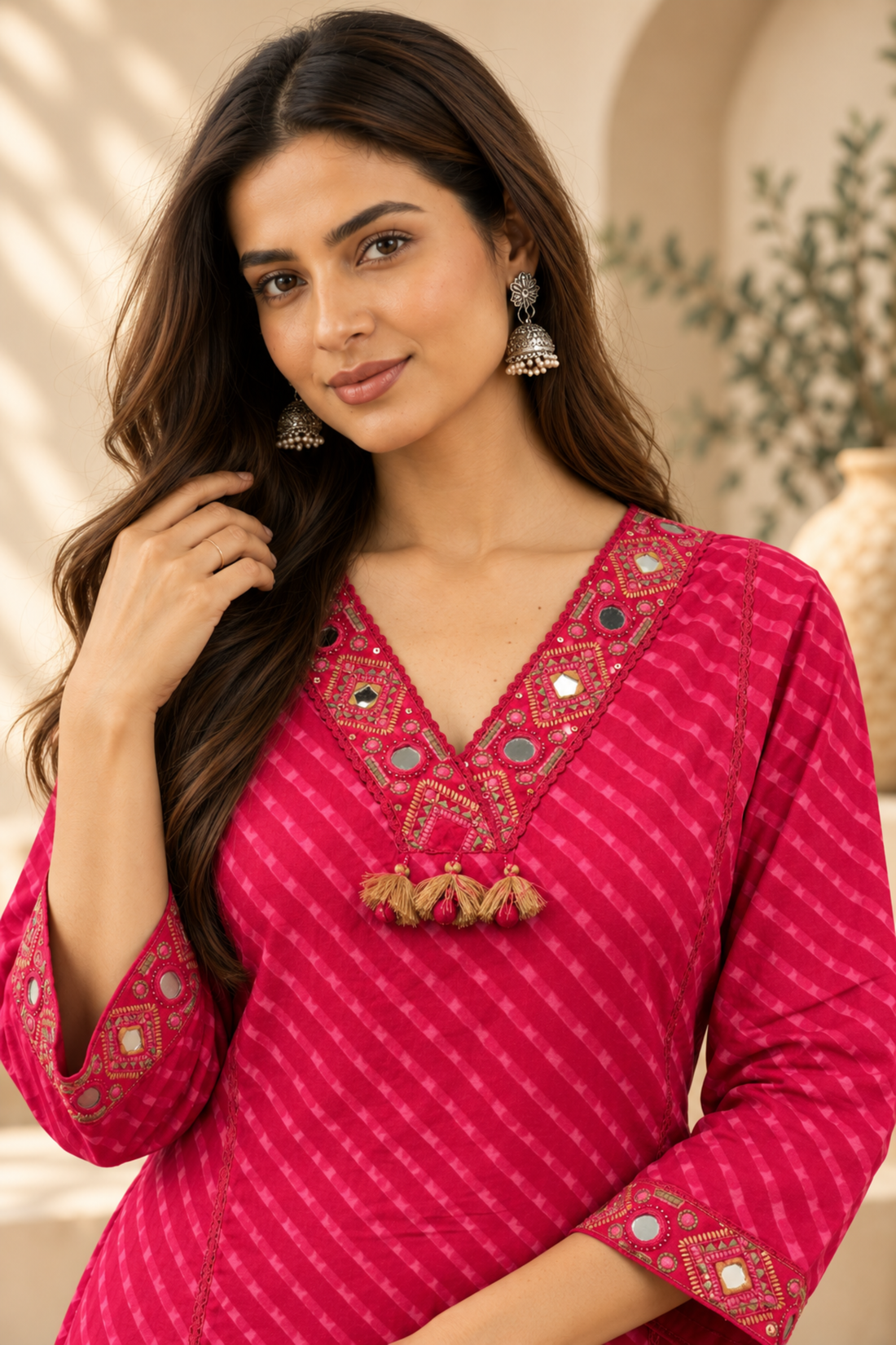 Pink Leheriya with cotton fabric Printed Mirror Work Straight Kurta with Palazzos & Dupatta