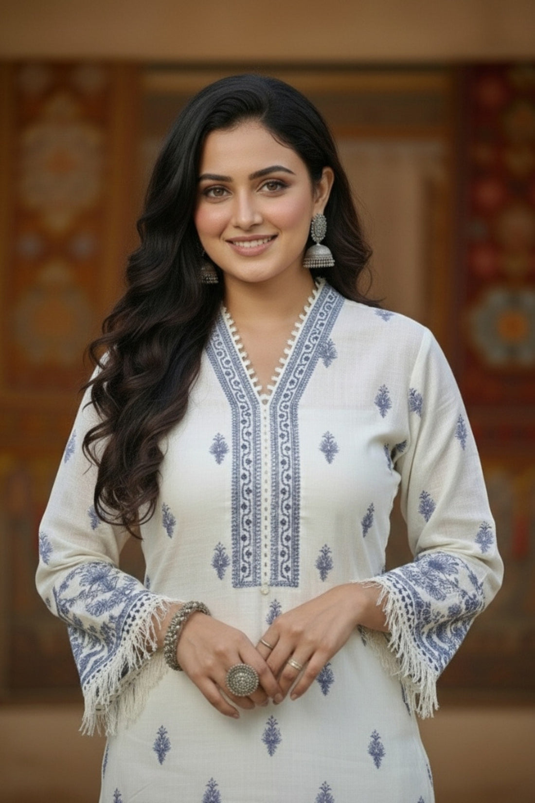 Elegant Off-White & Blue Embroidered Cotton Suit Set with Dupatta